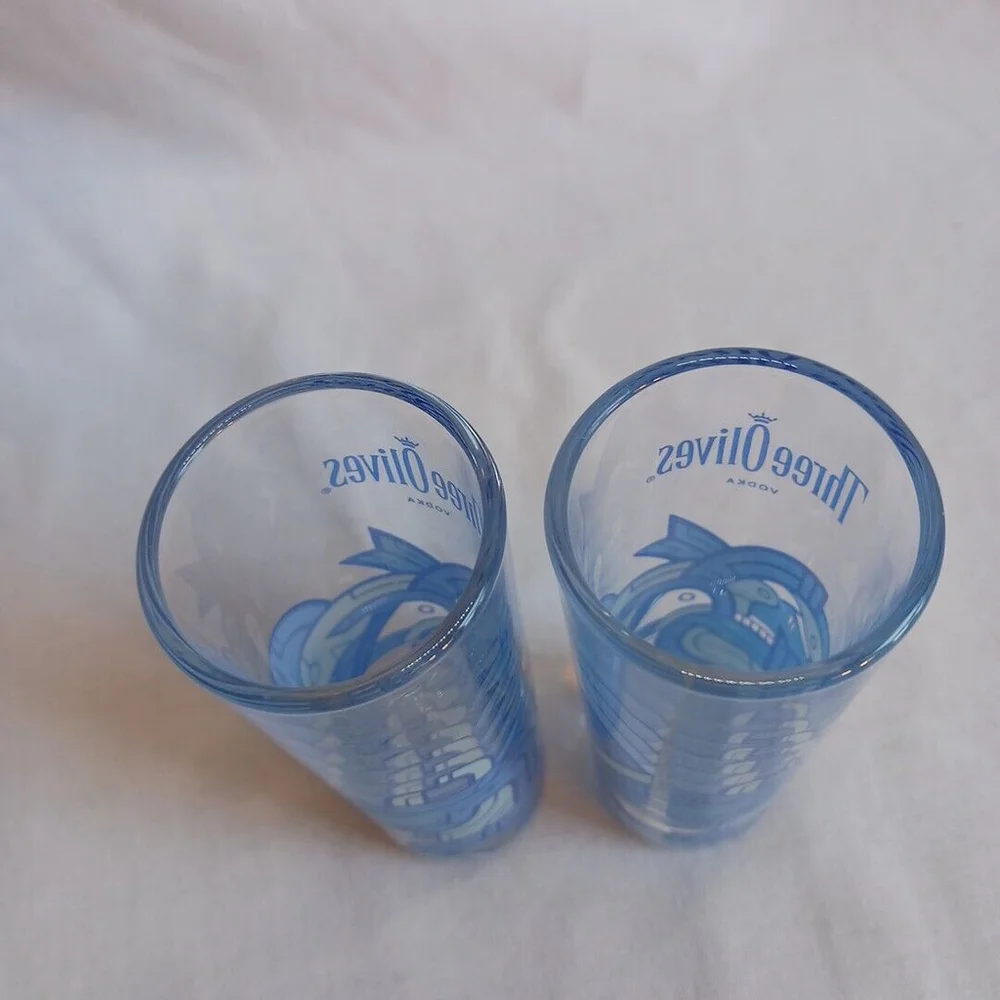 Three Olives Vodka Shot Glasses Blue Aztec Set of 2